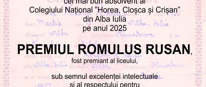 2025: Tudor Ștefan Goția, câștigător al premiului anual Romulus Rusan acordat celui mai bun absolvent al Colegiului Național ”Horea, Cloșca și Crișan” din Alba Iulia